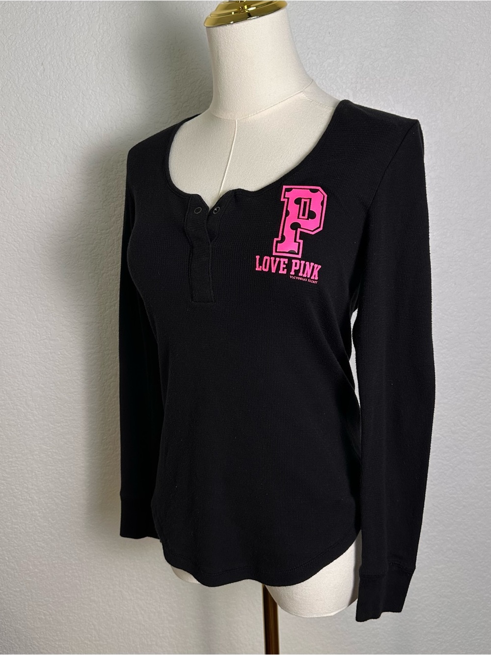 2012 PINK Victoria's Secret Black Long-Sleeve Henley with Hot Pink 'P' Logo